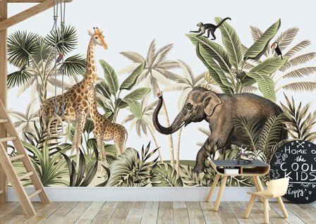 Behang jungle giraffe met jong