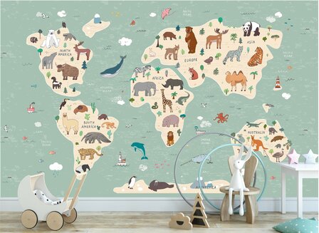 Kinderbehang wereldkaart met dieren