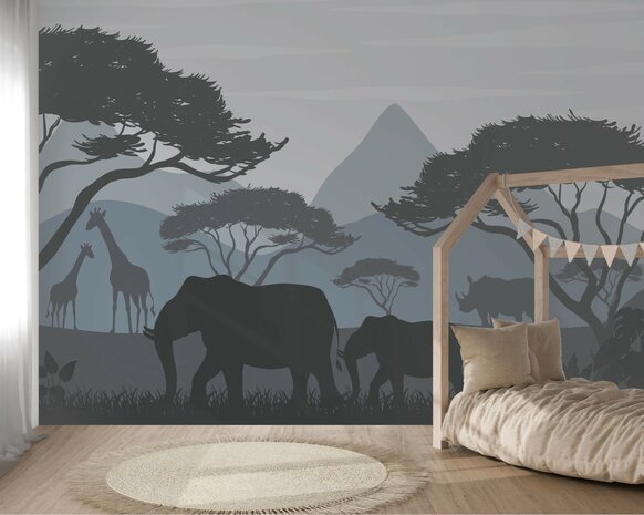 Safari Silhouette Behang  Blauw