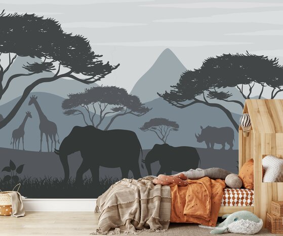 Safari Silhouette Behang  Blauw